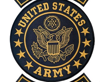 US Army Veteran or Retired Patch Set For Veterans Bikers Motorcycle Jacket or Vest Gold