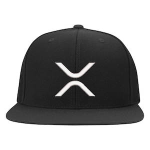 May include: A black and white flat brimmed baseball cap with a white embroidered logo of a stylized letter X.