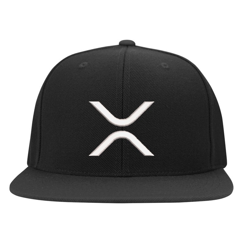 May include: A black and white flat brimmed baseball cap with a white embroidered logo of a stylized letter X.
