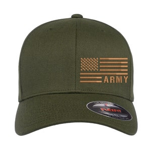 May include: A green baseball cap with an embroidered American flag and the word "ARMY" in orange.