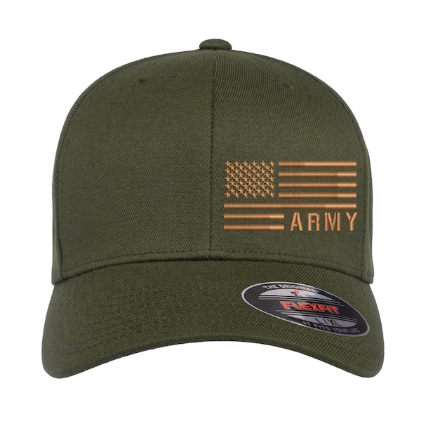 United States Army American Flag Side Embroidered Flexfit Hat Olive Black Curved or Flat