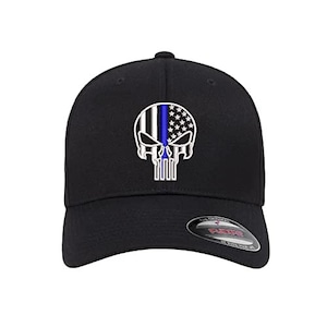 Thin Blue Line Skull USA Flag Flexfit Fitted Hat