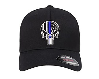 Thin Blue Line Skull USA Flag Flexfit Fitted Hat