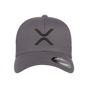May include: A gray baseball cap with a black embroidered logo of a stylized letter "X". The cap has a Flexfit label on the back.