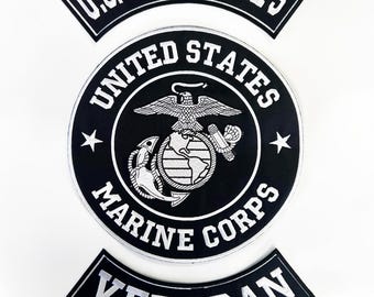 US Marine Corps Veteran Patch Set For Veterans Bikers Motorcycle Jacket Vest Black and White