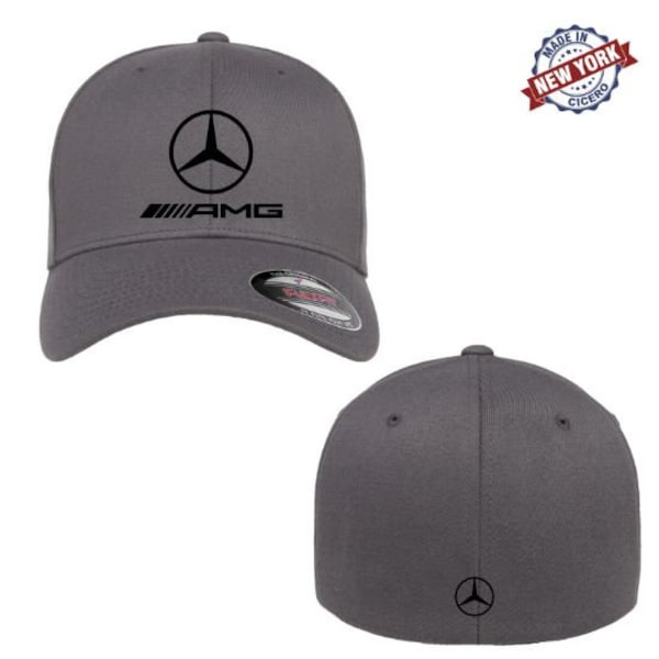 Mercedes-Benz AMG Logo Embroidered Front Back Flexfit Fitted Black Ball Cap