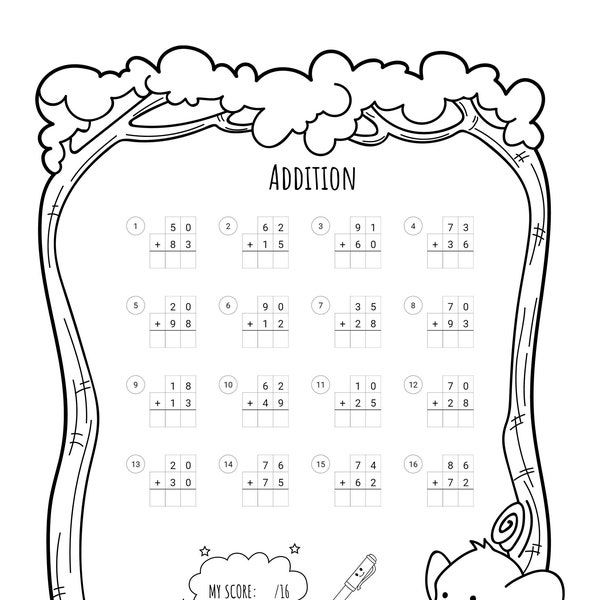 50 feuilles de travail d'addition et de soustraction à deux chiffres avec et sans regroupement | Convient aux enfants de 6 à 9 ans.
