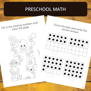 May include: A black and white printable worksheet for preschoolers featuring a jellyfish with numbers 1-19 and a fish with numbers 1-13. The worksheet also includes a section for counting dots and writing the correct answer.