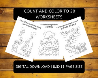 May include: Three black and white printable worksheets for kids to count and color numbers 1 to 20. The first worksheet features a fish and bubbles, the second features mushrooms, and the third features snowmen.