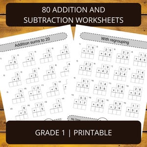 Puede incluir: Dos hojas de trabajo blancas con problemas de suma y resta para estudiantes de 1er grado. Las hojas de trabajo se titulan "80 Addition and Subtraction Worksheets" e incluyen el texto "Addition sums to 20" y "With regrouping". La pancarta inferior dice "GRADE 1 | PRINTABLE".