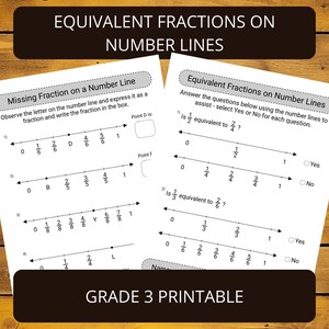 May include: A black and white printable worksheet for third grade students to practice equivalent fractions using number lines. The worksheet includes instructions and examples for students to follow.