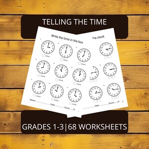 Puede incluir: Hoja de trabajo educativa titulada "TELLING THE TIME" con esferas de reloj para los grados 1-3. La hoja de trabajo presenta múltiples esferas de reloj con diferentes horas, diseñadas para que los estudiantes practiquen la lectura de la hora. También es visible el texto "GRADES 1-3 | 68 WORKSHEETS".