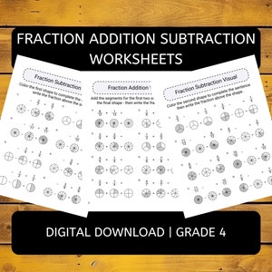 May include: Three black and white worksheets for fraction addition and subtraction. Each worksheet features a series of circles divided into segments, with instructions to colour in the segments to solve the problems.