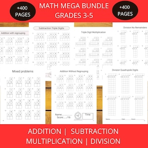 May include: Black and white printable worksheets for math practice. The worksheets include addition, subtraction, multiplication, and division problems for grades 3-5. The worksheets are designed to help students learn and practice their math skills.