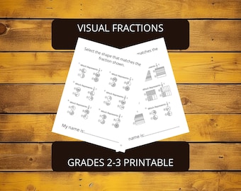 May include: A white educational worksheet titled VISUAL FRACTIONS with the subtitle GRADES 2-3 PRINTABLE. The page features multiple-choice math problems asking to select shapes that match specific fractions, including circles and rectangles.