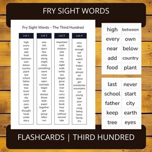 May include: A set of flashcards with black text on white cards. The cards are arranged in four columns, each labeled with a list number. The words on the cards are Fry Sight Words, which are common words used in early reading instruction. The words are organized by list number, with the first list containing the most common words and the fourth list containing less common words. The title of the set is "Fry Sight Words - The Third Hundred".