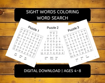 Puede incluir: Tres hojas de trabajo imprimibles en blanco y negro con rompecabezas de búsqueda de palabras para niños. Los rompecabezas se titulan "Puzzle 1", "Puzzle 2" y "Puzzle 3". Las palabras que se deben encontrar se enumeran debajo de cada rompecabezas. Las hojas de trabajo son para niños de 4 a 8 años y son una descarga digital.