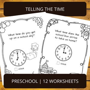 Hojas de trabajo para decir la hora para preescolar y jardín de infantes / Hora en punto / Hojas imprimibles para educación en el hogar