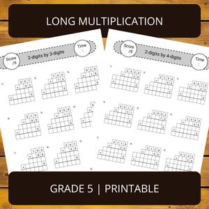 May include: A printable worksheet for 5th grade students to practice long multiplication. The worksheet is divided into two sections: 2-digits by 3-digits and 2-digits by 4-digits. Each section has 6 problems, with a grid for students to write their calculations.