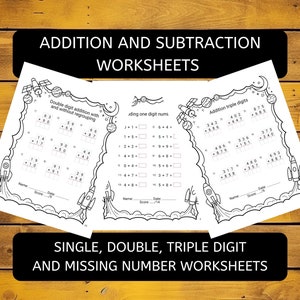 May include: Three black and white printable worksheets with a space theme. The worksheets include addition and subtraction problems for single, double, and triple digit numbers. The worksheets are titled "Double digit addition with and without regrouping", "Adding one digit numbers", and "Addition triple digits".