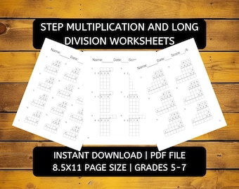 May include: Black and white printable worksheets for multiplication and long division. The worksheets are designed for grades 5-7 and are 8.5x11 inches in size. The worksheets feature a grid format with numbers to be filled in.