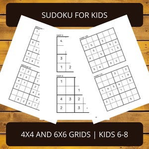 May include: Four Sudoku puzzles for kids, with two easy, one medium, and one hard puzzle. The puzzles are labeled with their difficulty level and number. The puzzles are printed on white paper.