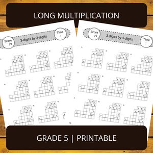Hojas de ejercicios de multiplicación de varios dígitos / Multiplicación de 3 dígitos por 3 dígitos / Hojas imprimibles para educación en casa de 5.º grado