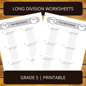 Puede incluir: Dos hojas de trabajo imprimibles en blanco y negro para practicar la división larga. Cada hoja de trabajo tiene seis problemas con dividendos de cuatro dígitos. Las hojas de trabajo se titulan "Hojas de trabajo de división larga" y "Grado 5 | Imprimible".