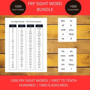 Könnte beinhalten: Ein Satz von 1000 Fry Sight Words-Flashcards, sortiert in Listen von der ersten bis zur zehnten Hundert. Das Bild zeigt die ersten 100 Wörter, wobei jedes Wort in einem separaten Feld aufgeführt ist. Die Wörter sind in vier Listen geordnet, wobei jede Liste 25 Wörter enthält. Das Bild zeigt auch einen Satz von Flashcards mit den ersten 16 Wörtern der Liste.