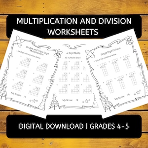 May include: Black and white printable worksheets for multiplication and division. The worksheets feature a science theme with beakers and atoms. The worksheets are for grades 4-5.