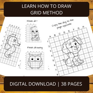 Puede incluir: Una descarga digital con instrucciones sobre cómo dibujar utilizando el método de la cuadrícula. La imagen muestra ejemplos de dibujos, incluyendo un caballito de mar, un oso, un búho y un perro. El texto dice "Learn How to Draw Grid Method" y "Digital Download | 38 Pages."