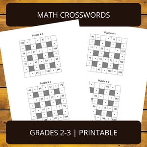 May include: Four math crossword puzzles for grades 2-3 are shown on white paper. Each puzzle features a grid with numbers and addition symbols. The image includes the text "MATH CROSSWORDS" and "GRADES 2-3 | PRINTABLE".