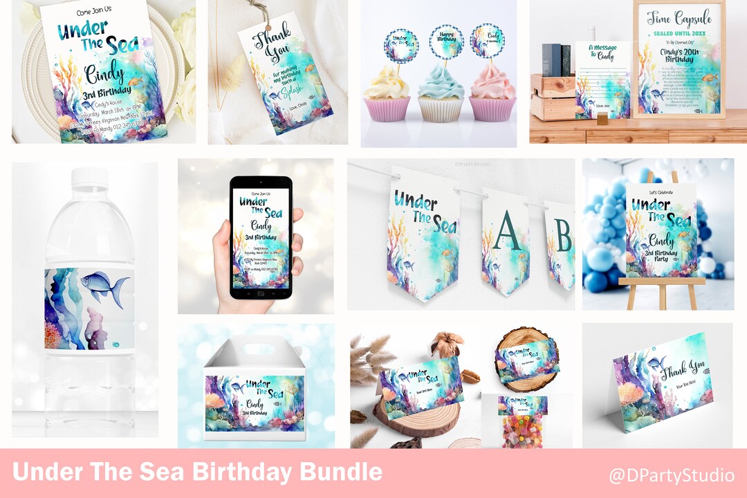 Under the Sea Birthday Bundle Waterworld Party Decorations Template Wet Party Invitation Package