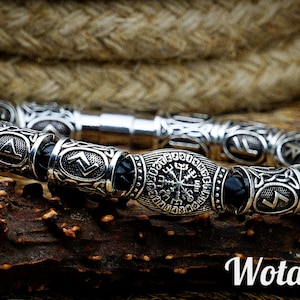 Pulsera de cuentas de runa, hecha a mano, brazalete nórdico Vegvisir nórdico, Armreif, Asatru, joyería vikinga/pagana/escandinava/plata/pulsera de runa