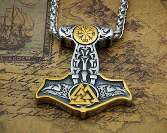 Mjölnir Halskette - Thorshammer Halskette - Thorshammer Anhänger mit Valknut, Raben und Wikinger Kompass - Vegvisir Anhänger - Odins Raben