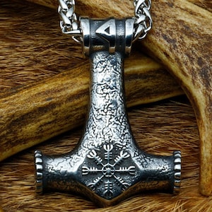 Thor Hammer Pendant - Thor&#39;s Hammer Necklace with Helm of Awe - Viking Necklace/Pagan Jewelry/Asatru/Norse Mythology/Nordic Paganism/Mjolnir