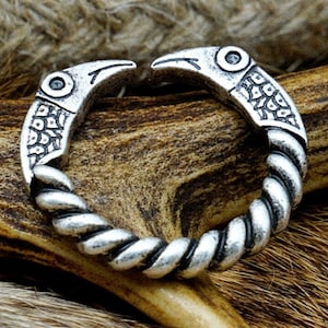 Op de afbeelding: Een zilveren ring met twee vogelkoppen die elkaar aankijken. De ring is gedraaid en heeft een gedetailleerd ontwerp.