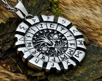 Viking Necklace with Tree of life and Runes Pendant, Nordic, Yggdrasil, Sun and Moon, Midgard - Norse, Wicca, Asatru, Viking Jewelry, Gift.
