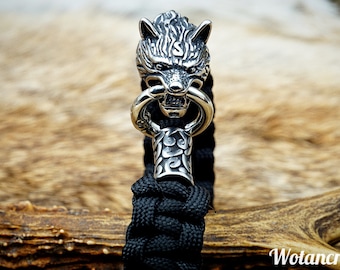 Wolf Head Bracelet: Black Paracord Bangle, Fenrir Circlet - Norse Armlet for Viking, Asatru, Wicca & Scandinavian Pagan Jewelry Gift