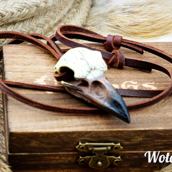 Collier tête de mort corbeau - pendentif corbeaux d'Odin - bijoux wicca/paganisme nordique/mythologie nordique/tenue de sorcière/Huginn/Asatru/crâne d'oiseau/animal
