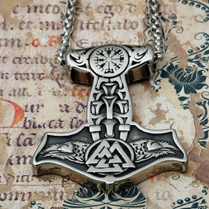 Mjolnir Necklace - Thor&#39;s Hammer Necklace - Thor Hammer Pendant with Valknut, Ravens and Viking Compass - Vegvisir Pendant - Odin&#39;s Ravens