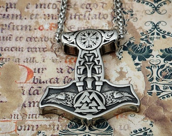 Mjölnir Halskette - Thorshammer Halskette - Thorshammer Anhänger mit Valknut, Raben und Wikinger Kompass - Vegvisir Anhänger - Odins Raben