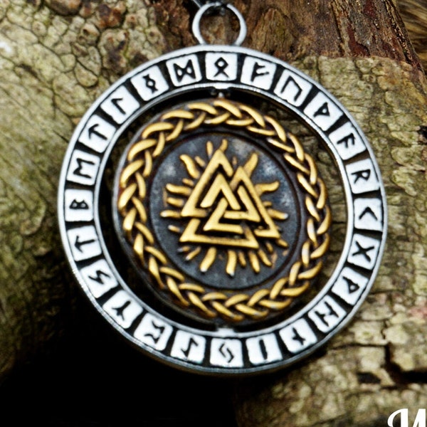 Spinning Viking Compass Necklace - Vegvisir Double Sided Amulet/Norse Mythology Valknut/Talisman/Viking Runes/Nordic Paganism/Nature/Asatru