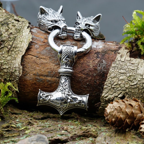 Wikinger Halskette - Thorshammer - Wolfsköpfe - Mjölnir - Fenrir - Amulett - Anhänger - Heiden - Heidentum - Nordischen - Germanisch.