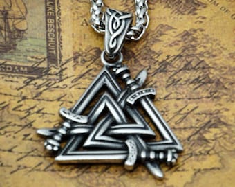 Viking Sword Valknut Necklace - Valknut Amulet - Silver Pendant/Norse Mythology/Pagan Jewelry/Spiritual/Talisman/Asatru/Nature Religion/Gift