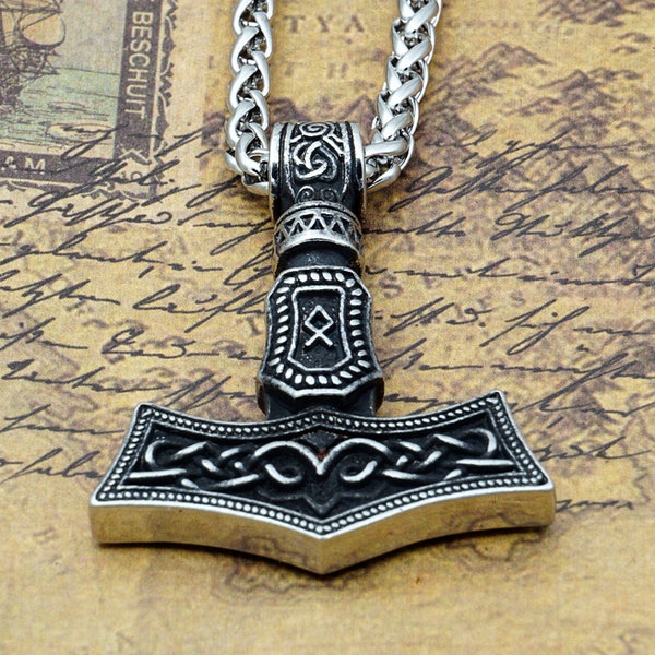 Thor's Hammer Necklace - Viking Necklace - Thor Hammer Pendant with Odal Rune and Nordic Knots/Norse Mythology/Asatru/Nordic Paganism/Silver