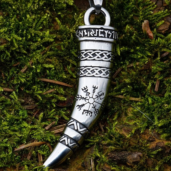 Viking Horn Pendant, Silver Drinking Horn Necklace, Viking Compass Vegvisir, Norse Runes Jewelry/Nordic Knots/Asatru/Pagan Schmuck/Germanic