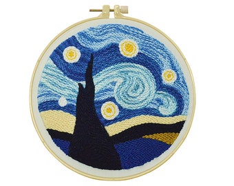 Van Gogh Starry Night Punch Needle Embroidery Starter Kits DIY Punch Needle Tool with Pattern Punch Needle Fabric Yarn Rug Embroidery Hoop