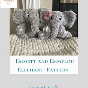 Modèle de tricot aux doigts Emmett et EmmyLou l'éléphant, tutoriel vidéo et PDF, niveau débutant/intermédiaire