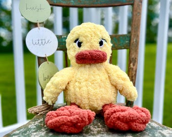 Hand Knit Delaney Duck Plushie: Fluffy Chenille Stuffed Animal